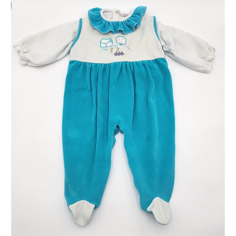 Sucato? Vintage Footed Romper Jacket Set 18M Blue White Velour Embroidered VGC